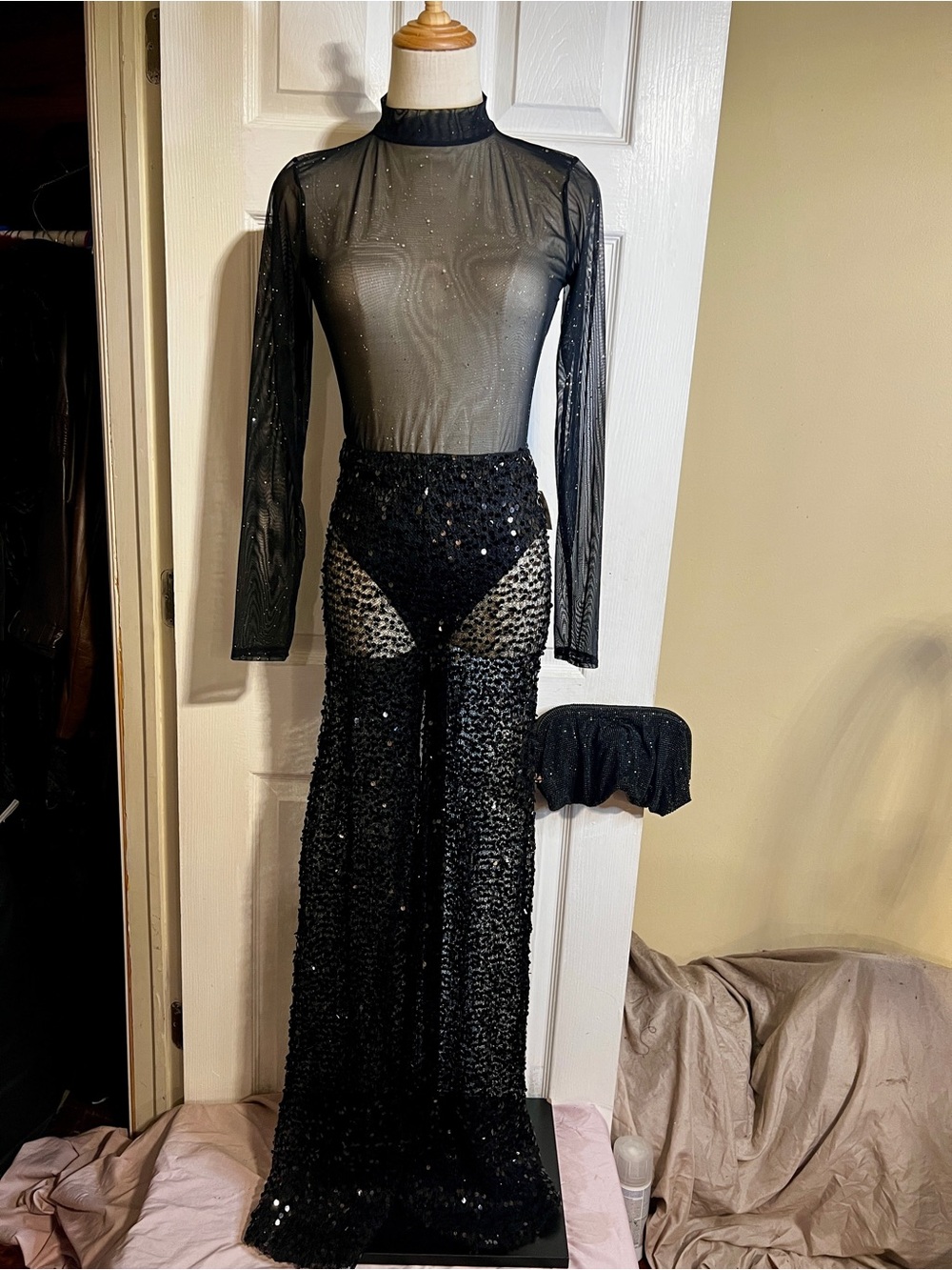 New Banjul Wms Black Sequin Sheer Mesh Knit Panty Lined Flare Disco Glam Pants M